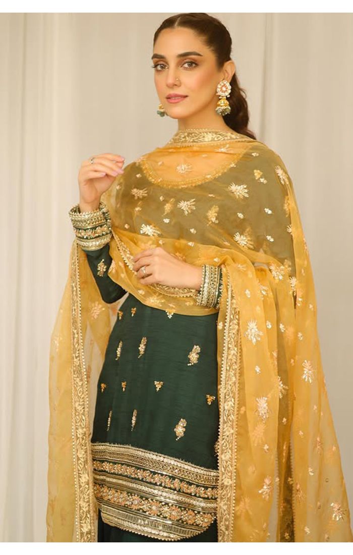 Elegant Emerald Green Sharara Suit with Gold Embroidery for Eid & Weddings