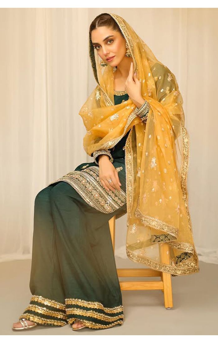 Elegant Emerald Green Sharara Suit with Gold Embroidery for Eid & Weddings