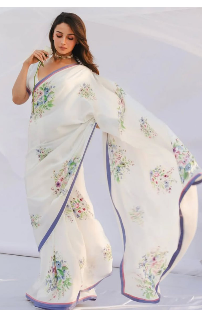 Elegant Off-White Floral Linen Saree for Weddings & Festive Occasions