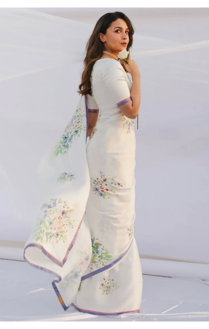 Elegant Off-White Floral Linen Saree for Weddings & Festive Occasions