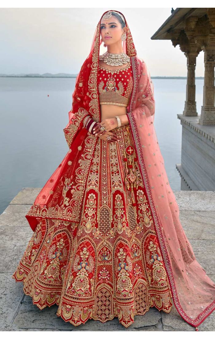 Exquisite Red Bridal Lehenga with Peacock Motifs and Zardosi Embroidery - Perfect for Weddings and Grand Occasions