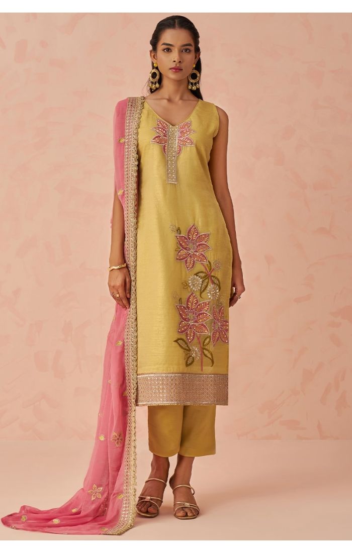 Elegant golden Fancy Crush Silk salwar kameez with pink chiffon dupatta front view, embroidered floral details — ethnic wear USA Canada UK Europe.