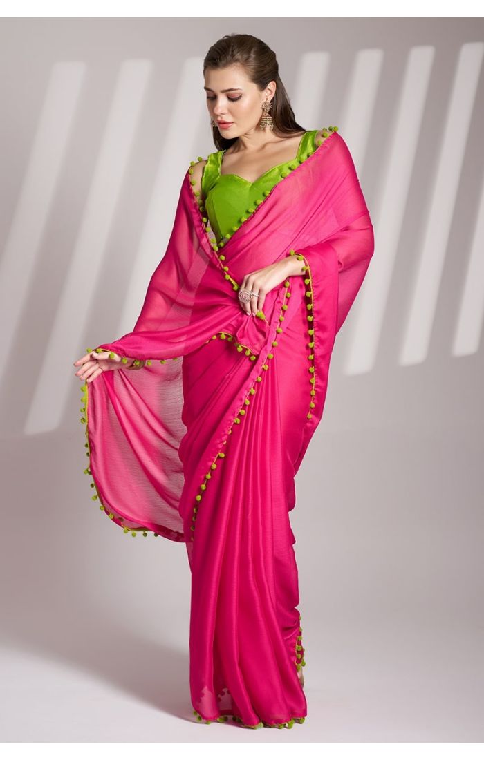  Fuchsia Pink Chiffon Saree with Green Art Silk Blouse – Designer Ethnic Wear for Weddings & Festivals