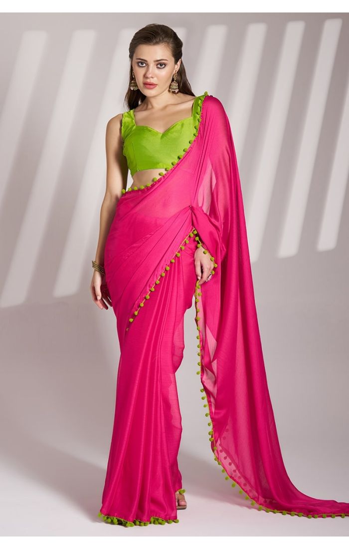  Fuchsia Pink Chiffon Saree with Green Art Silk Blouse – Designer Ethnic Wear for Weddings & Festivals