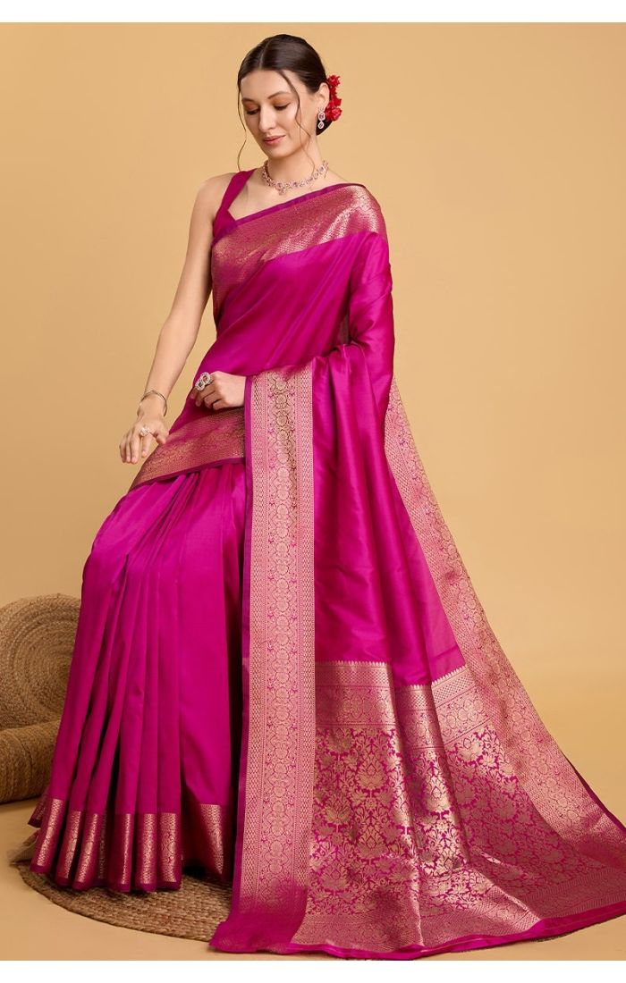 Fuchsia Pink Soft Silk Saree with Golden Zari Work for Wedding & Festive Wear