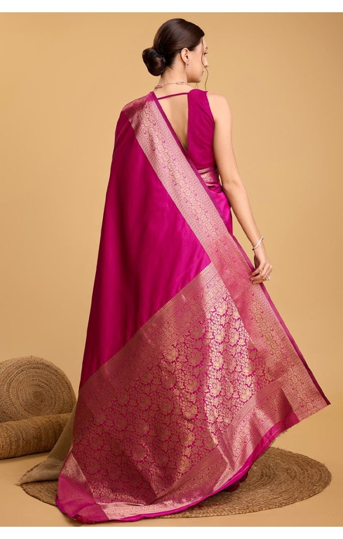 Fuchsia Pink Soft Silk Saree with Golden Zari Work for Wedding & Festive Wear