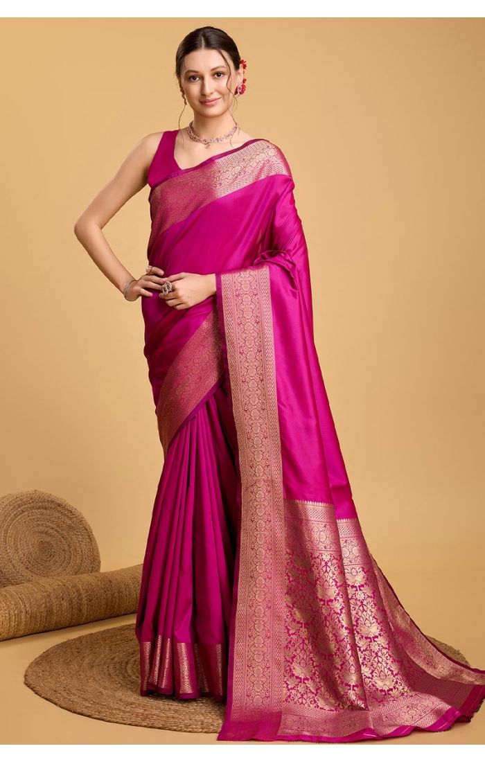 Fuchsia Pink Soft Silk Saree with Golden Zari Work for Wedding & Festive Wear