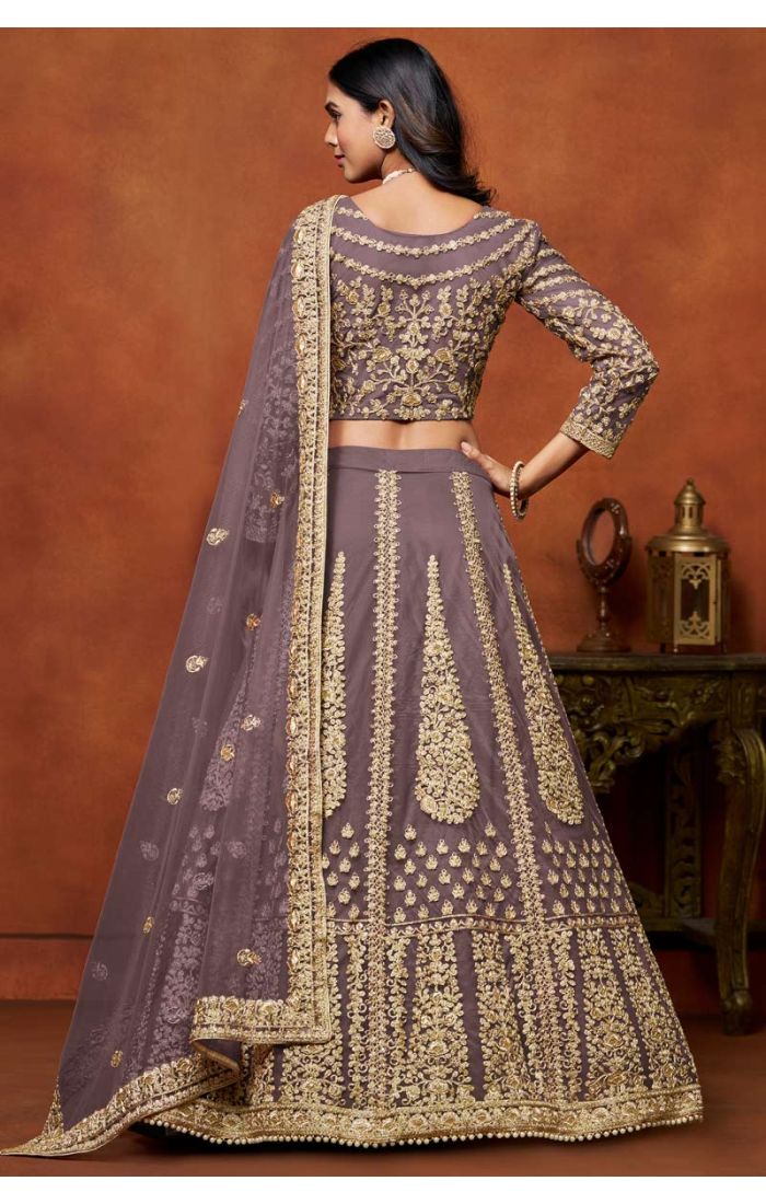 Mauve Embroidered Net Lehenga with Golden Detailing - Perfect for Weddings and Festive Occasions