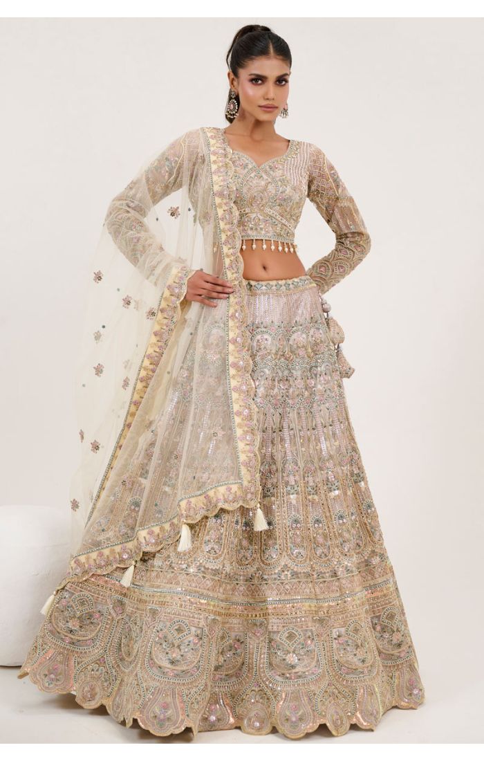 Gold and Pastel Embroidered Bridal Lehenga with Zari Work and Net Dupatta in UK - LEHV3879