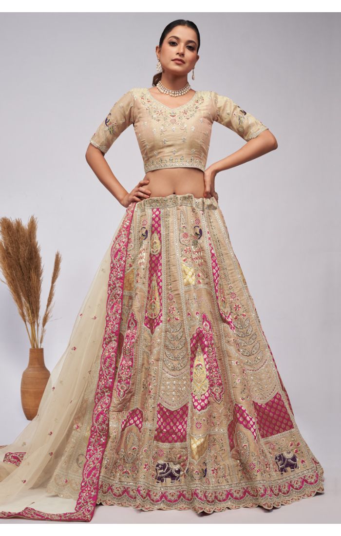 Golden Beige Embroidered Silk Lehenga with Zari Work for Weddings