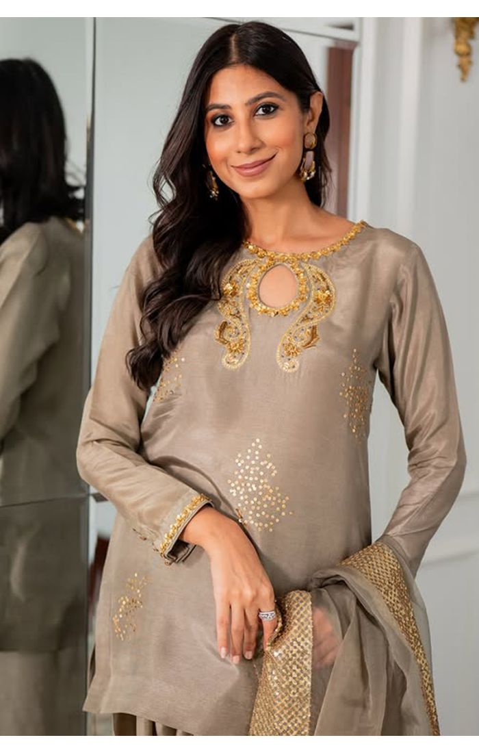 Golden Beige Sharara Suit with Silk Embroidery – Wedding & Festive Wear UK