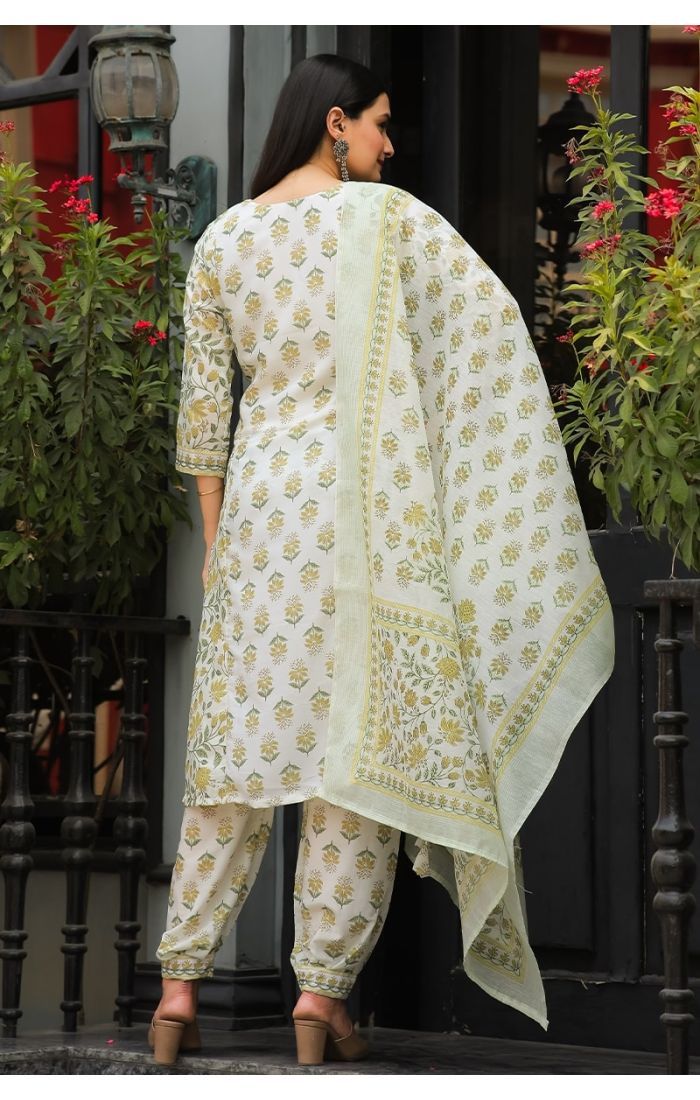 Golden Glow Mint Floral Kurta Set with Gold Floral Prints for Weddings and Festive Celebrations