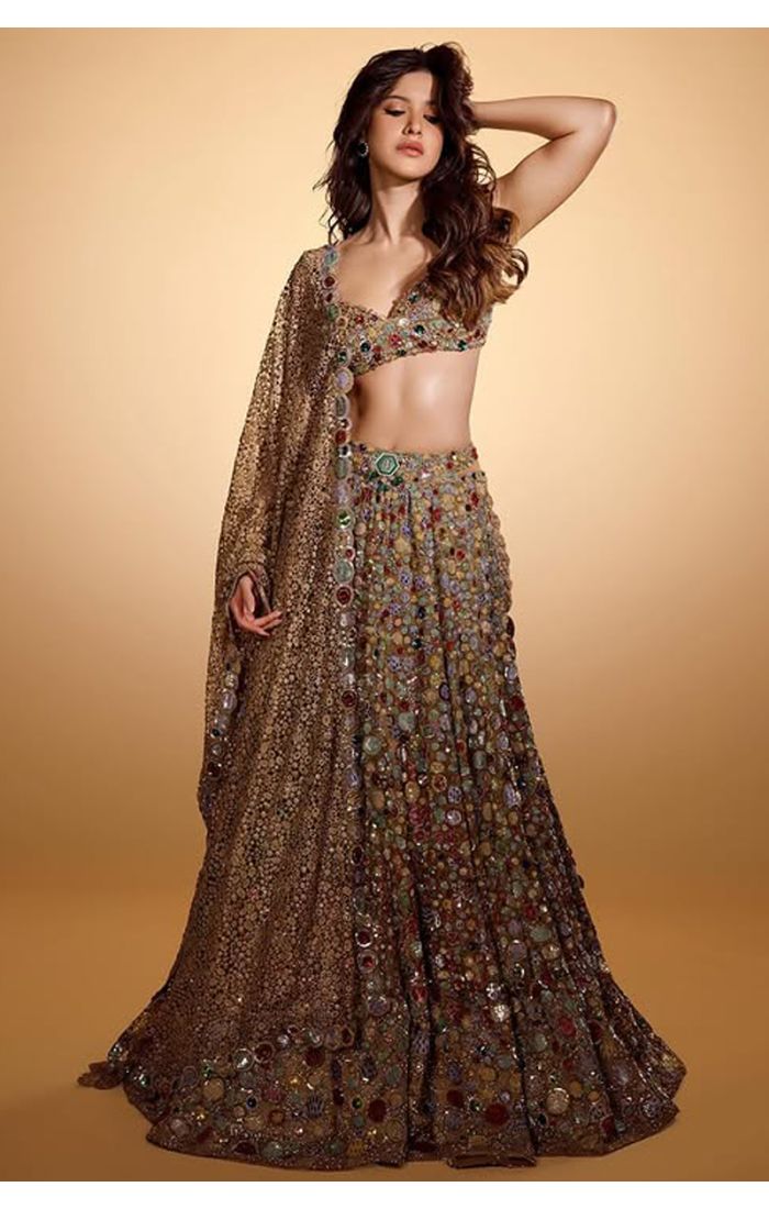 Golden Mirror Embroidered Lehenga Choli - Party Wear for UK Brides