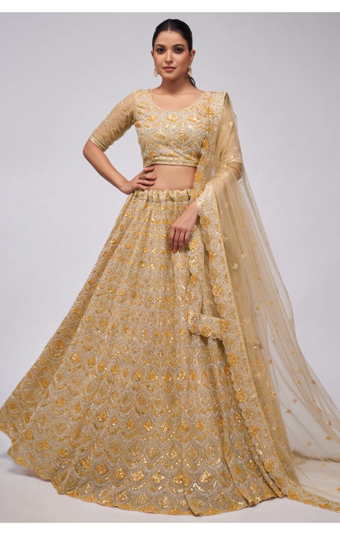 Golden Net Embroidered Lehenga with Sequin Detailing for Weddings