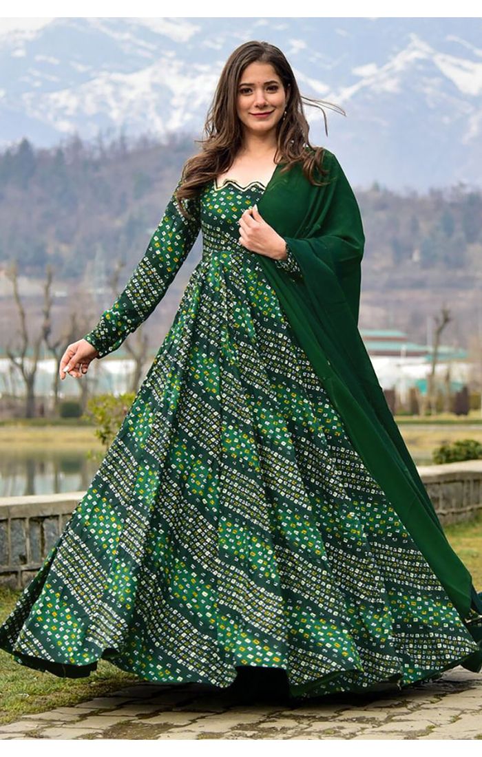 Green Bandhani Anarkali Dress with Dupatta for festive and wedding occasions.