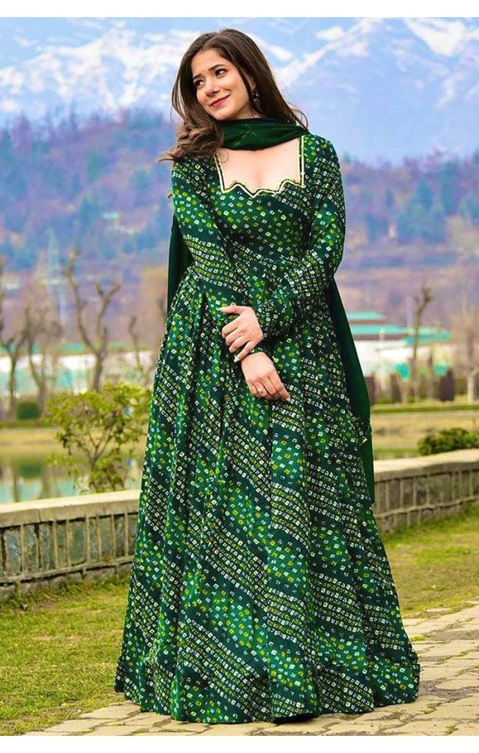 Green Bandhani Anarkali Dress with Dupatta for festive and wedding occasions.