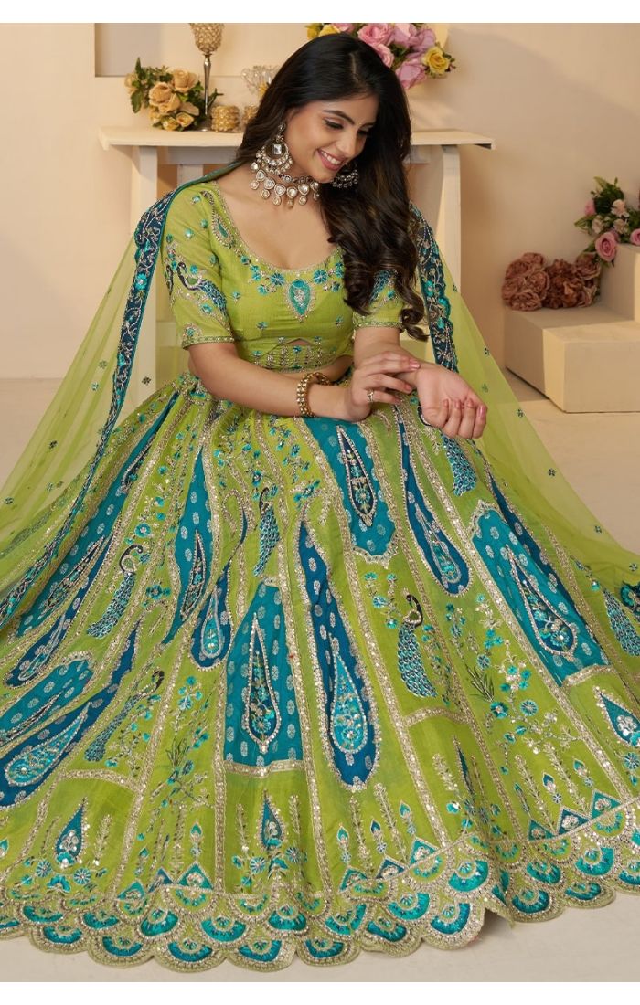 Seated view highlighting intricate embroidery on the skirt with peacock and paisley designs.