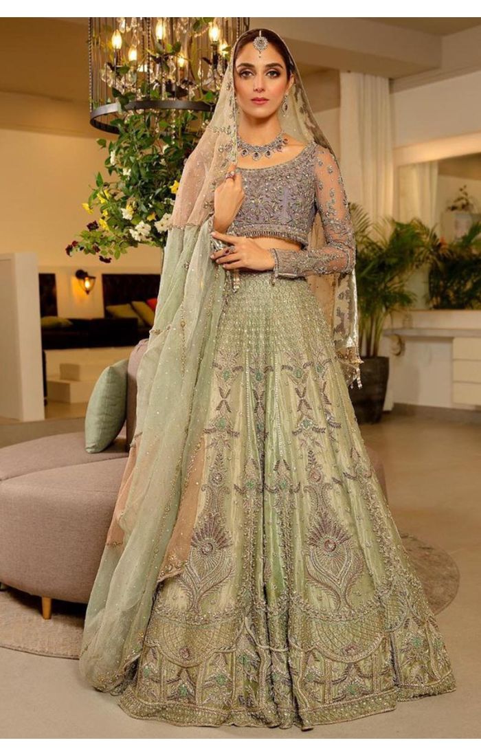 Buy Green Heavy Net Wedding Lehenga Choli with Intricate Embroidery in UK Weddings