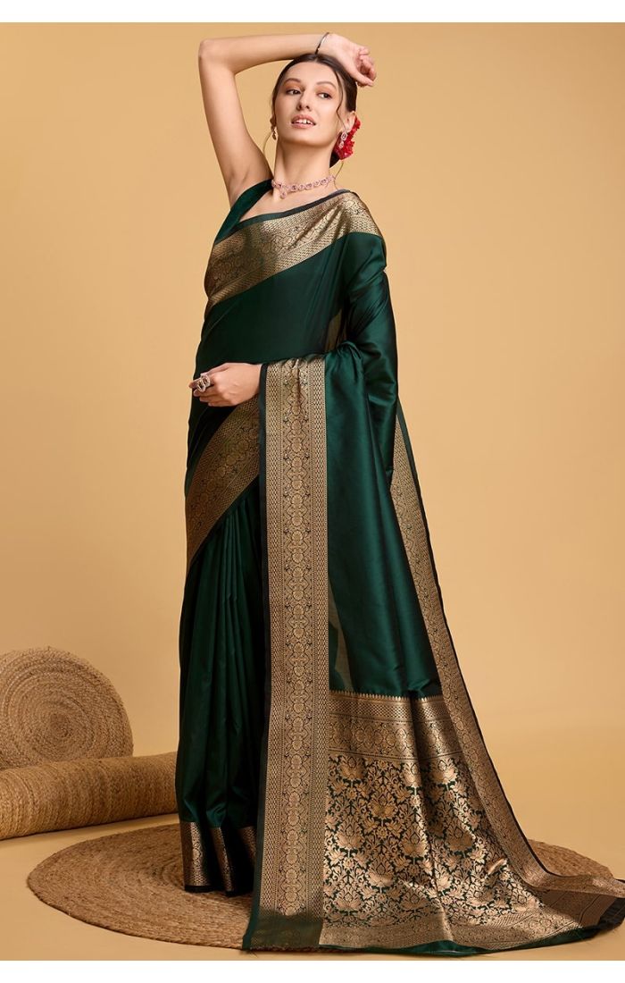 Green Soft Silk Saree with Zari Weaving and Blouse – Wedding & Festive Wear