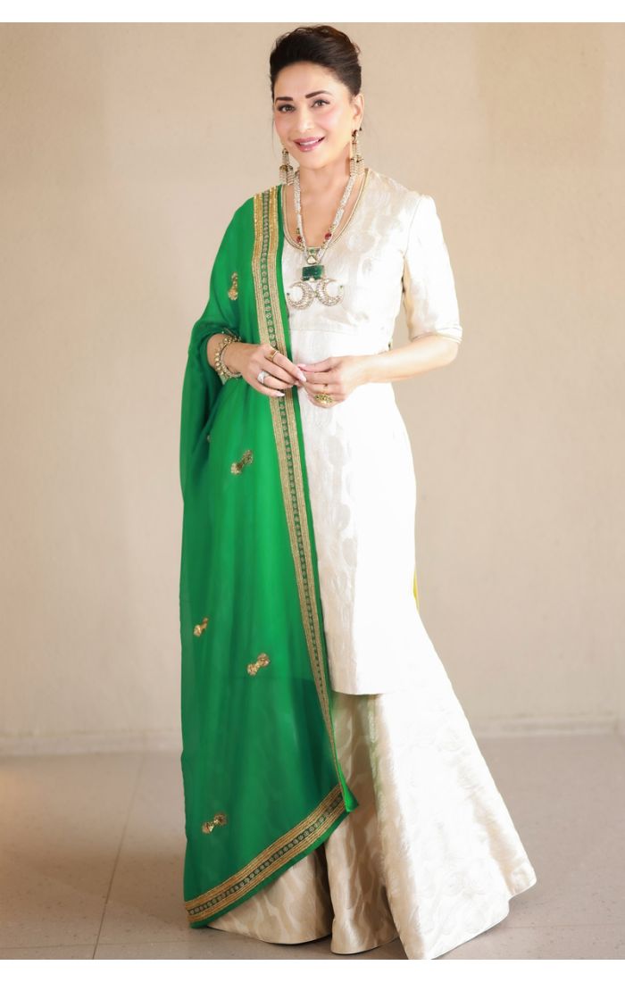 Green and White Pakistani Suit in Silk with Zari Work for Festive Occasions