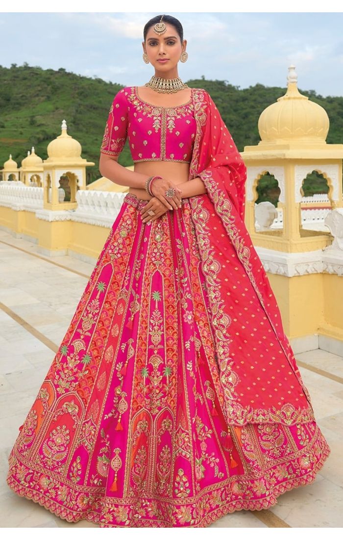 Hot Pink Bridal Banarasi Lehenga with Heavy Zari Embroidery – Wedding & Festive Wear for Brides & Wedding Guests