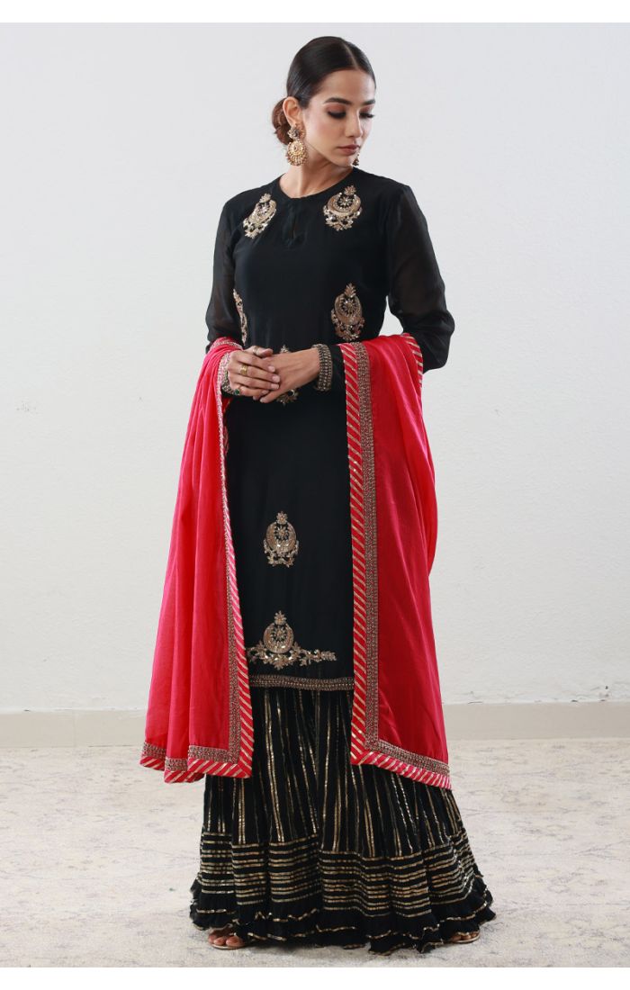 Elegant Black Chanderi Chand Buta Sharara Suit with Golden Embroidery – Wedding and Festive Wear