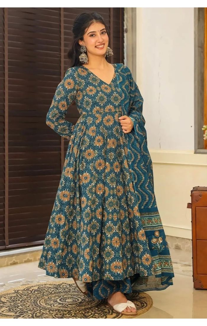  Indigo Bohemian Flare Kurta Set with Handcrafted Prints & Ethnic Dupatta 