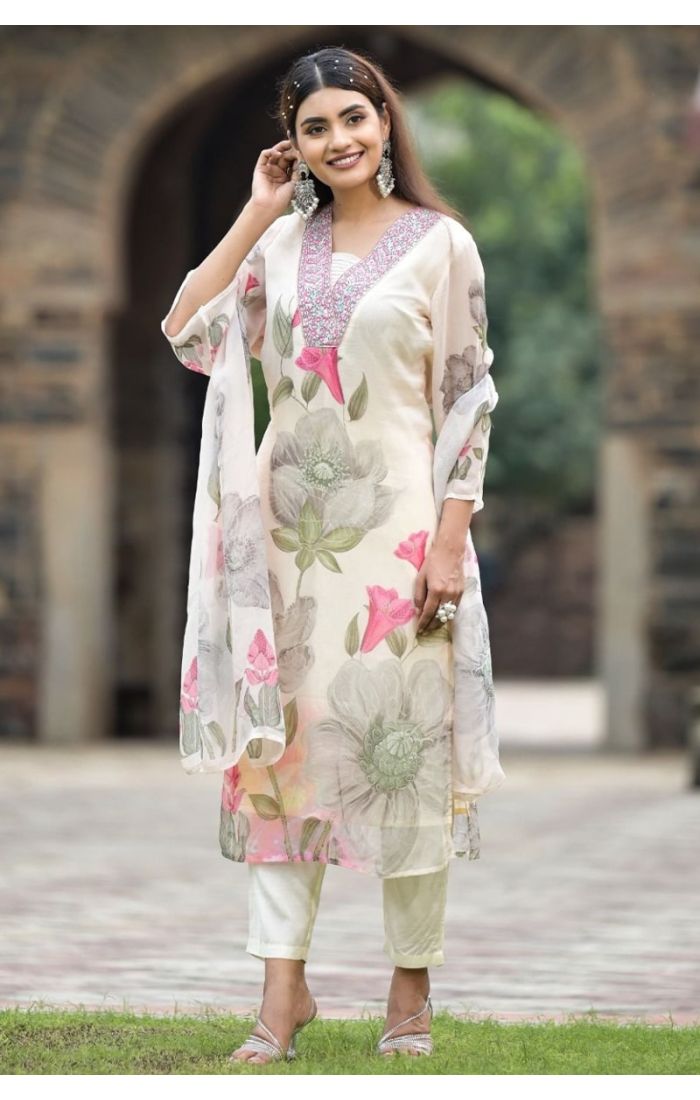  Ivory Blossom Chiffon Kurta Set – Floral Ethnic Wear for Weddings & Festive Occasions