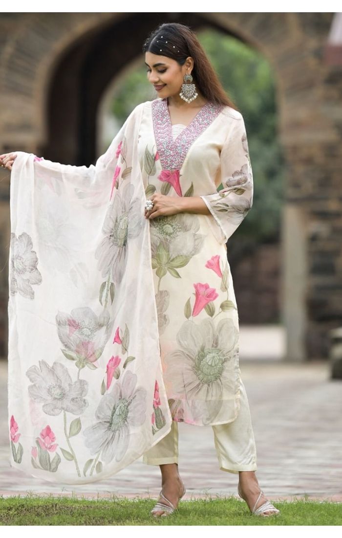  Ivory Blossom Chiffon Kurta Set – Floral Ethnic Wear for Weddings & Festive Occasions