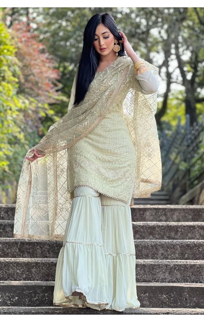 Ivory Chinnon Silk Embroidered Sharara Suit with Dupatta – Wedding & Festive Wear