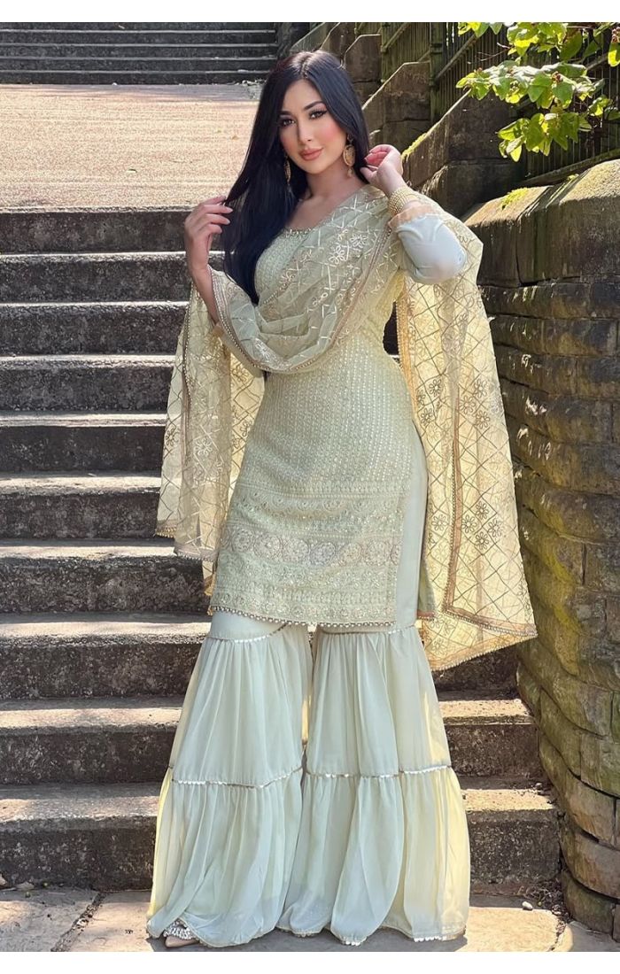 Ivory Chinnon Silk Embroidered Sharara Suit with Dupatta – Wedding & Festive Wear