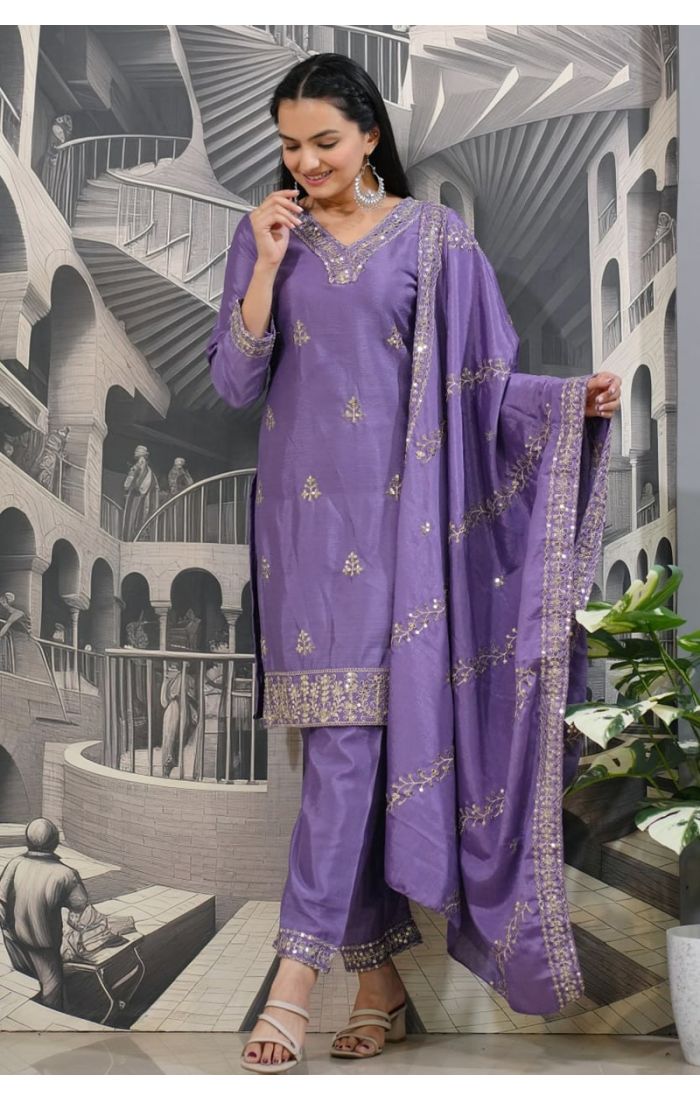 Lavender Chinon silk suit with embroidery and dupatta, perfect for weddings, festive wear, and ethnic occasions in the UK, USA, and Canada.