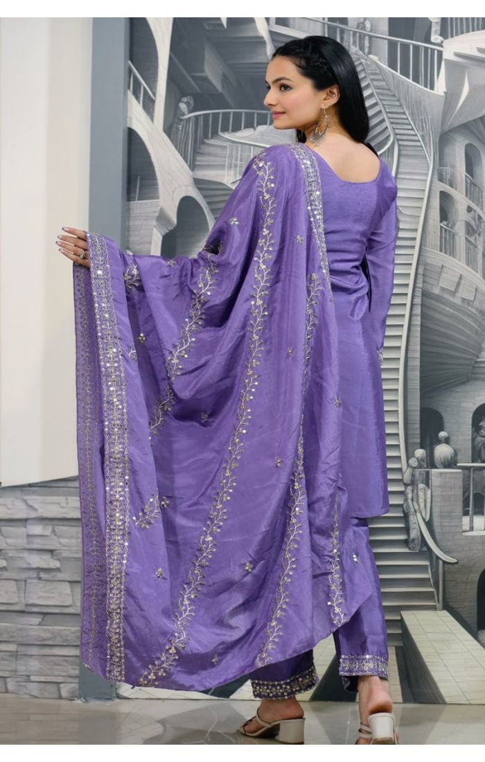 Lavender Chinon silk suit with embroidery and dupatta, perfect for weddings, festive wear, and ethnic occasions in the UK, USA, and Canada.