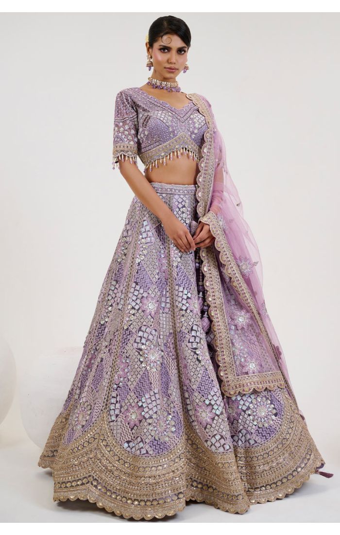 Lavender Bridal Lehenga with Intricate Mirror Work and Embellished Blouse