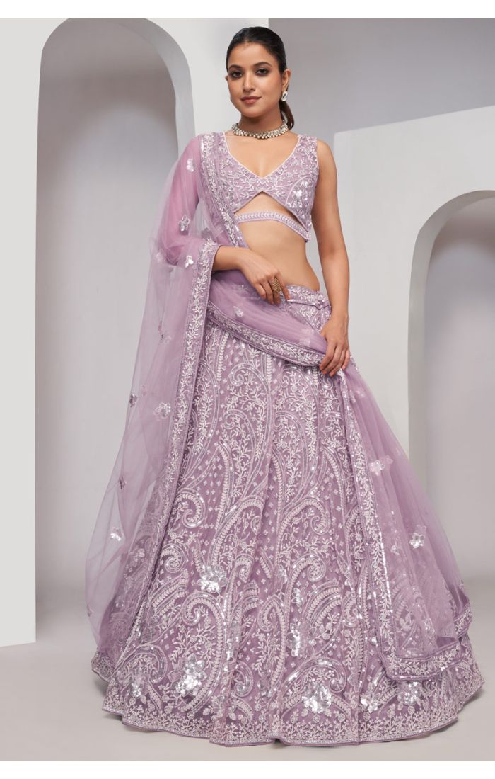 Shop Lavender Net Lehenga for Weddings with Embroidery Online in UK