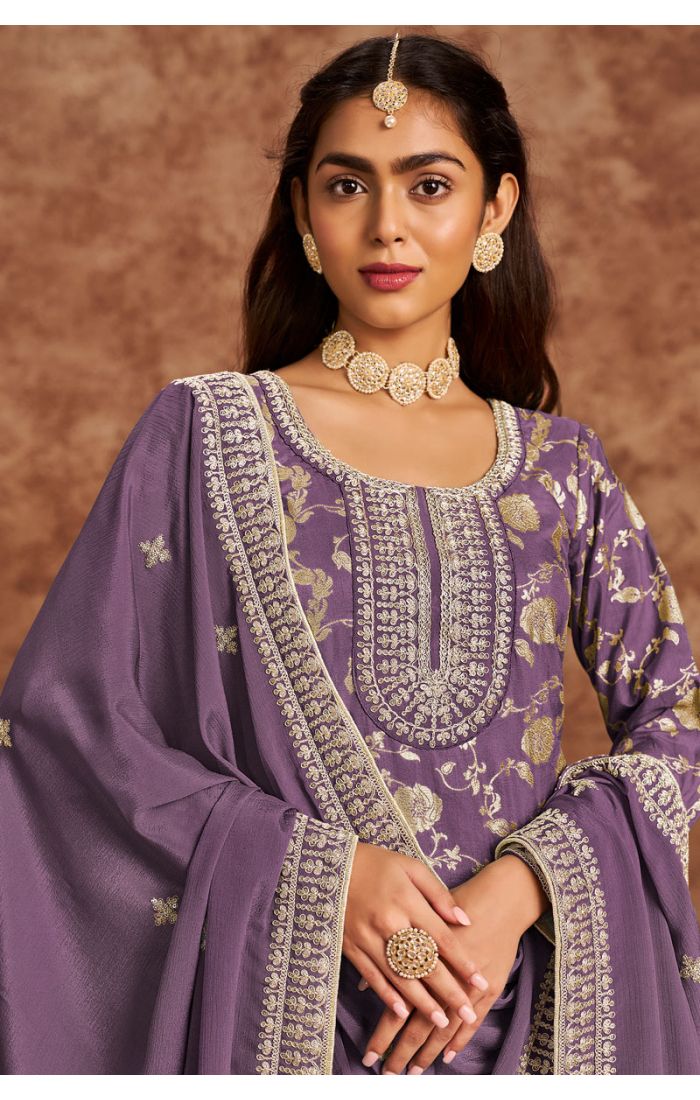 Lavender premium silk salwar suit — close-up embroidery details