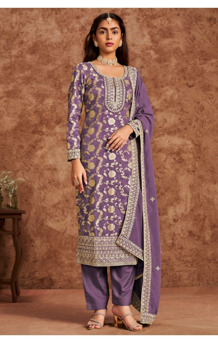 Lavender premium silk salwar suit with embroidery — full view
