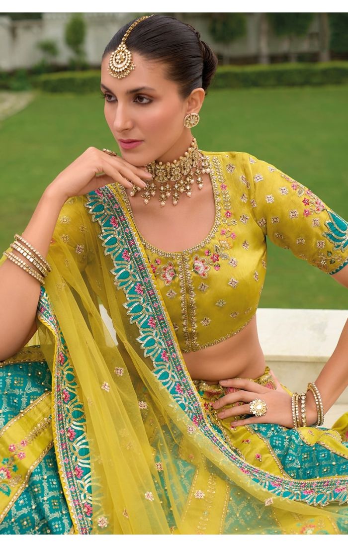 Lemon Banarasi Lehenga Choli with intricate embroidery – perfect for weddings and festive occasions.