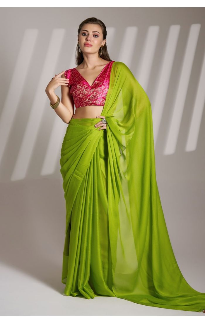 Lime Green Chiffon Saree with Pink Embroidered Blouse - Wedding & Partywear Saree for Women