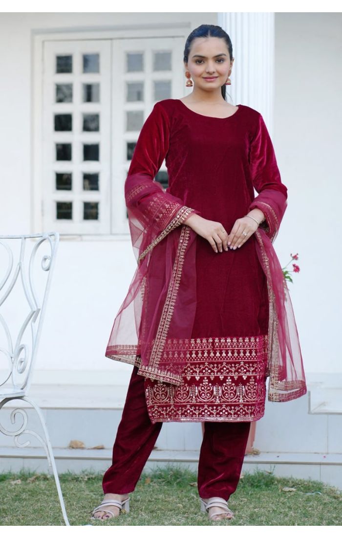 Burgundy velvet suit with embroidered dupatta – Luxury festive & wedding wear