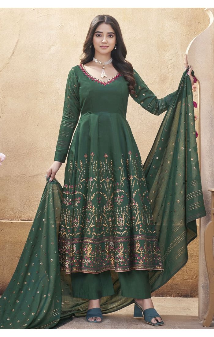 Elegant Green Anarkali Palazzo Suit with Embroidery and Dupatta for Weddings & Festivals