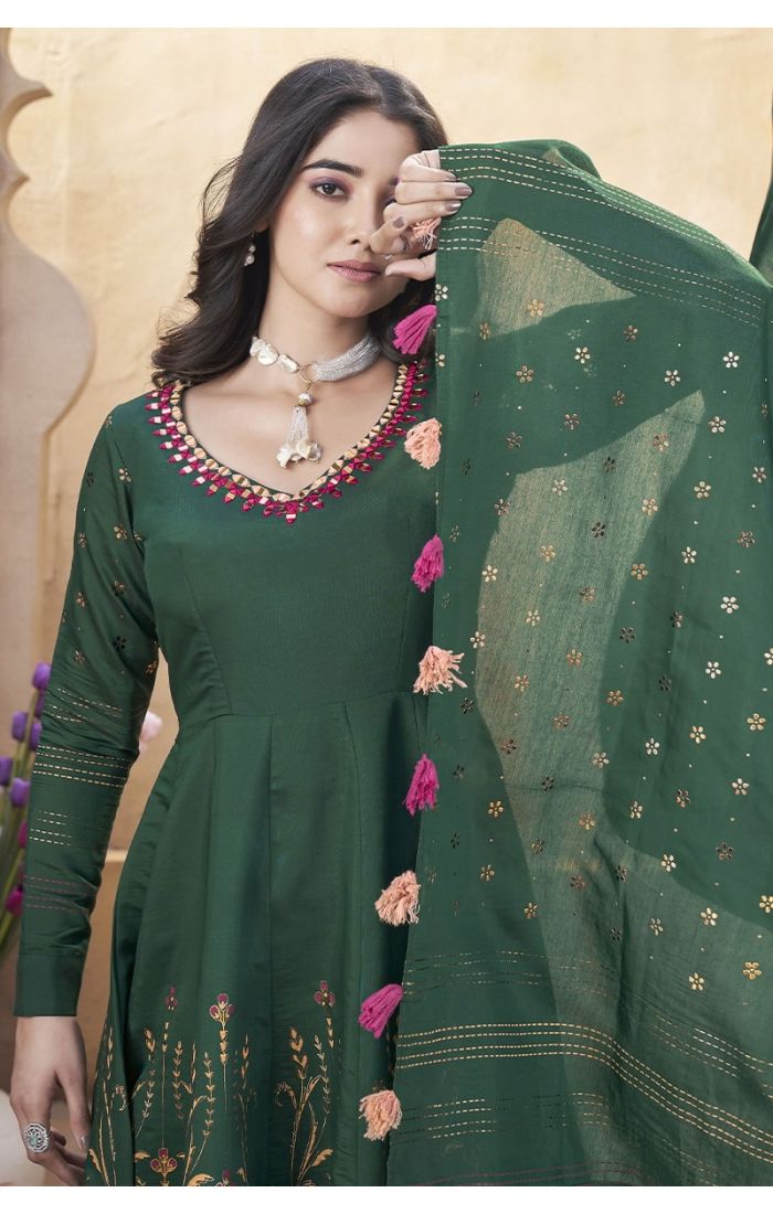 Elegant Green Anarkali Palazzo Suit with Embroidery and Dupatta for Weddings & Festivals