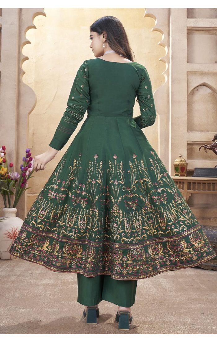 Elegant Green Anarkali Palazzo Suit with Embroidery and Dupatta for Weddings & Festivals