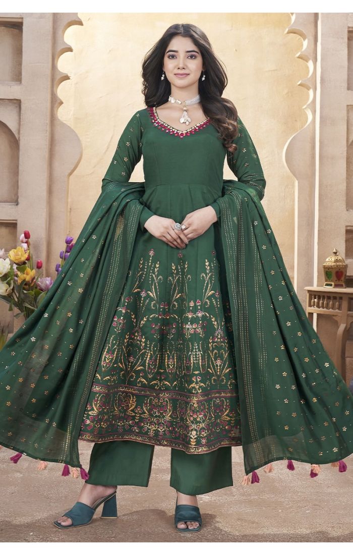 Elegant Green Anarkali Palazzo Suit with Embroidery and Dupatta for Weddings & Festivals