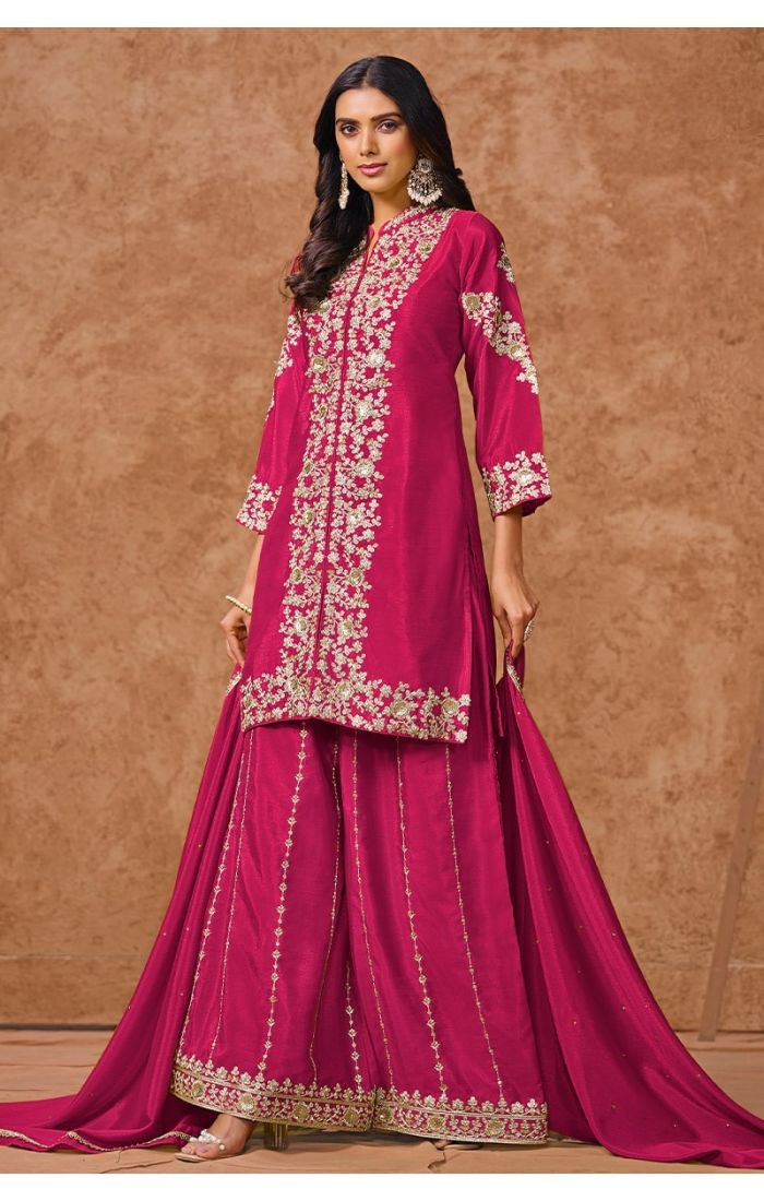 Ruby red embroidered palazzo salwar kameez with dupatta – wedding and festive Indian ethnic wear