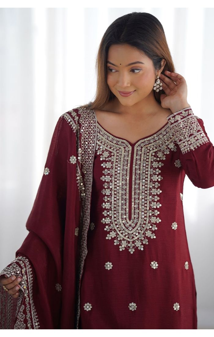 Maroon Chinon Silk Sharara Suit with Mirror & Sequin Embroidery for Weddings & Festive Wear