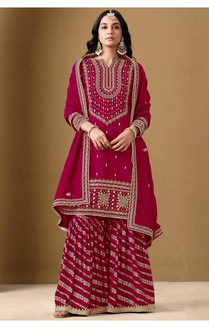 Front view of Maroon Embroidered Art Silk Sharara Suit SALV5733