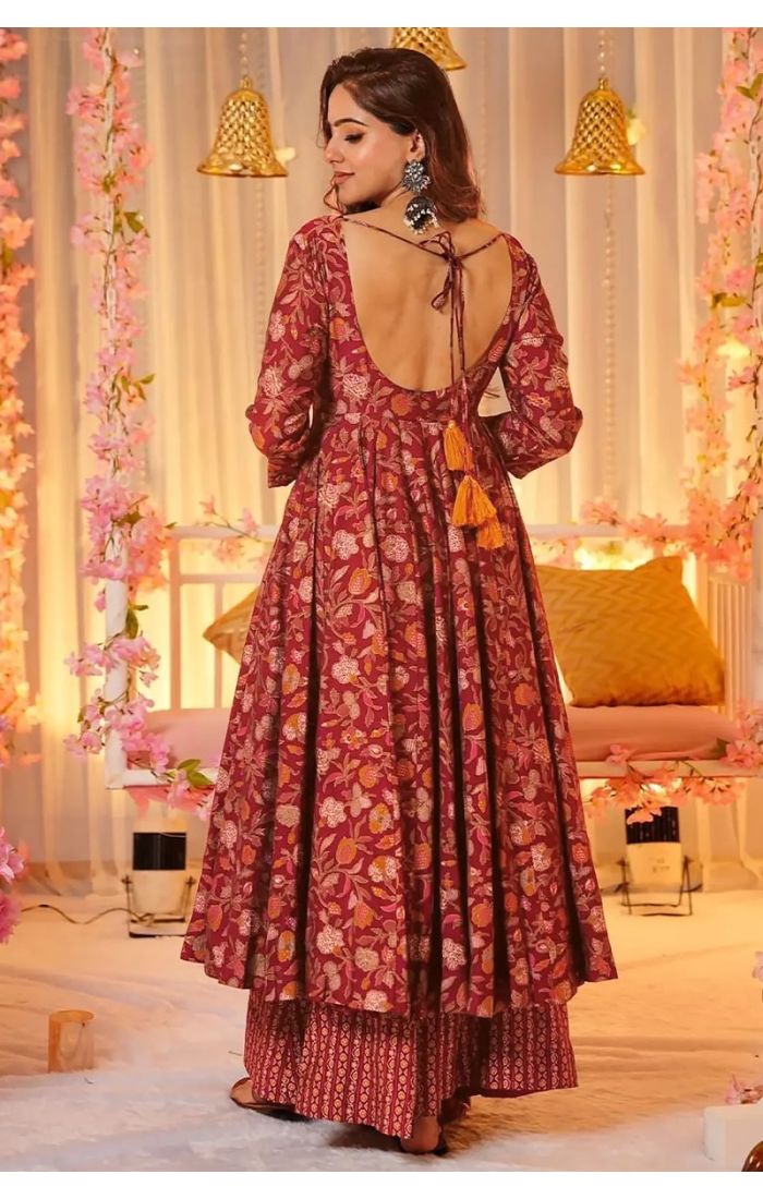 Maroon Anarkali Kurta Set with Gold Foil Print, Palazzo Pants & Mustard Dupatta – Perfect for Weddings & Festive Occasions