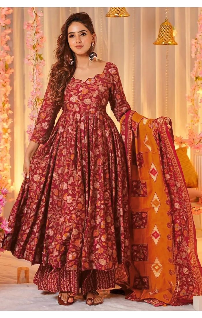 Maroon Anarkali Kurta Set with Gold Foil Print, Palazzo Pants & Mustard Dupatta – Perfect for Weddings & Festive Occasions