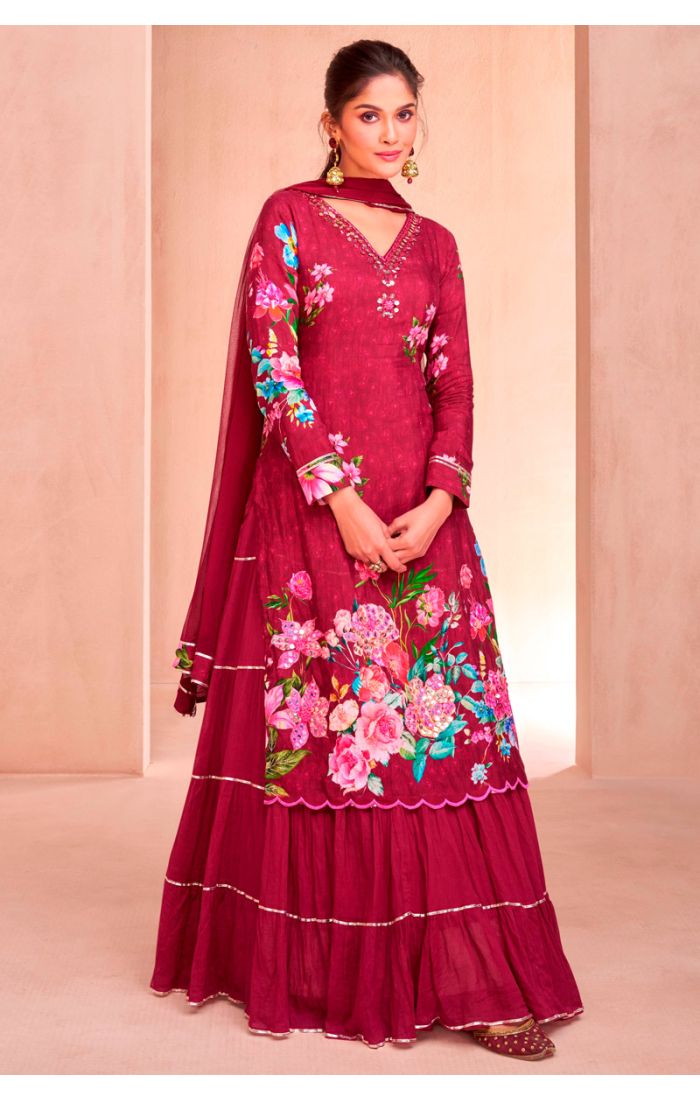 Maroon Floral Embroidered Anarkali Suit Set for Women